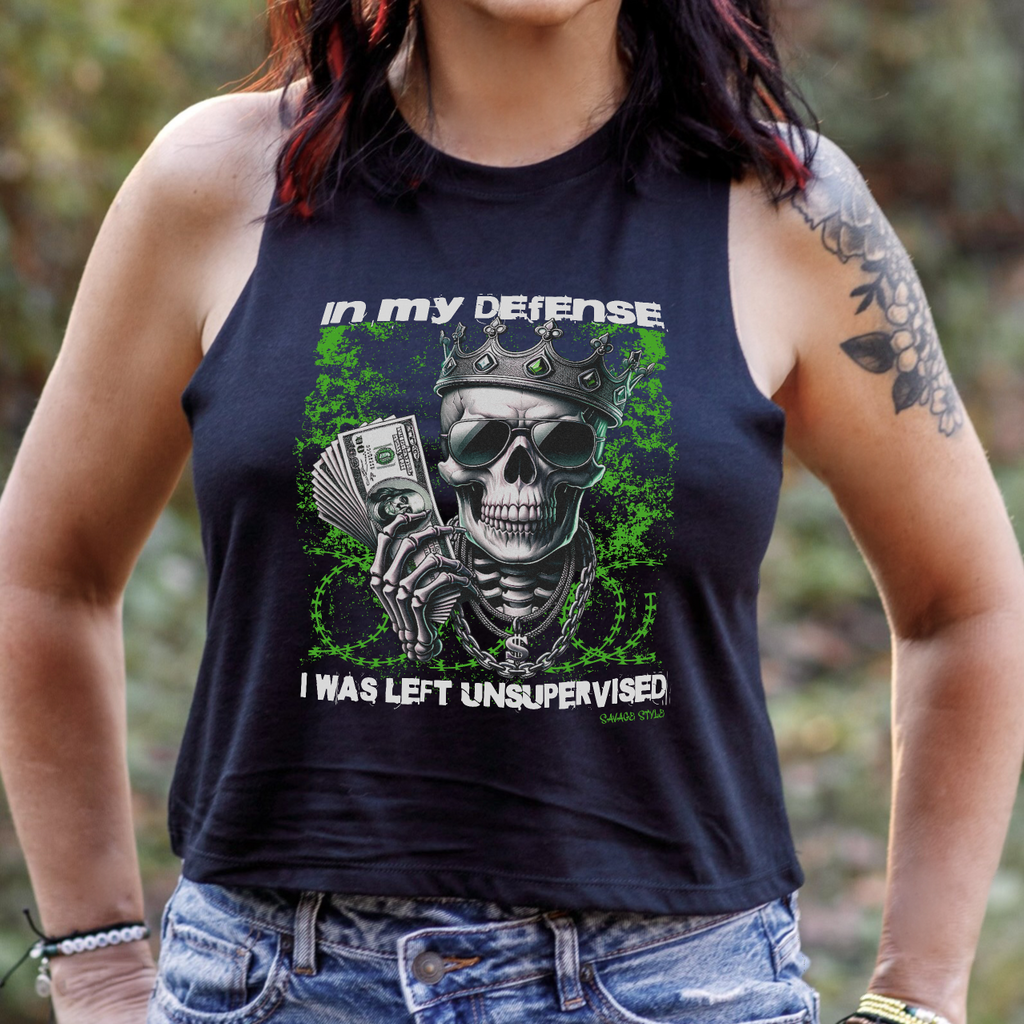 In My Defense - Savage Style Ladies' Racerback Cropped Tank 4.2 oz.