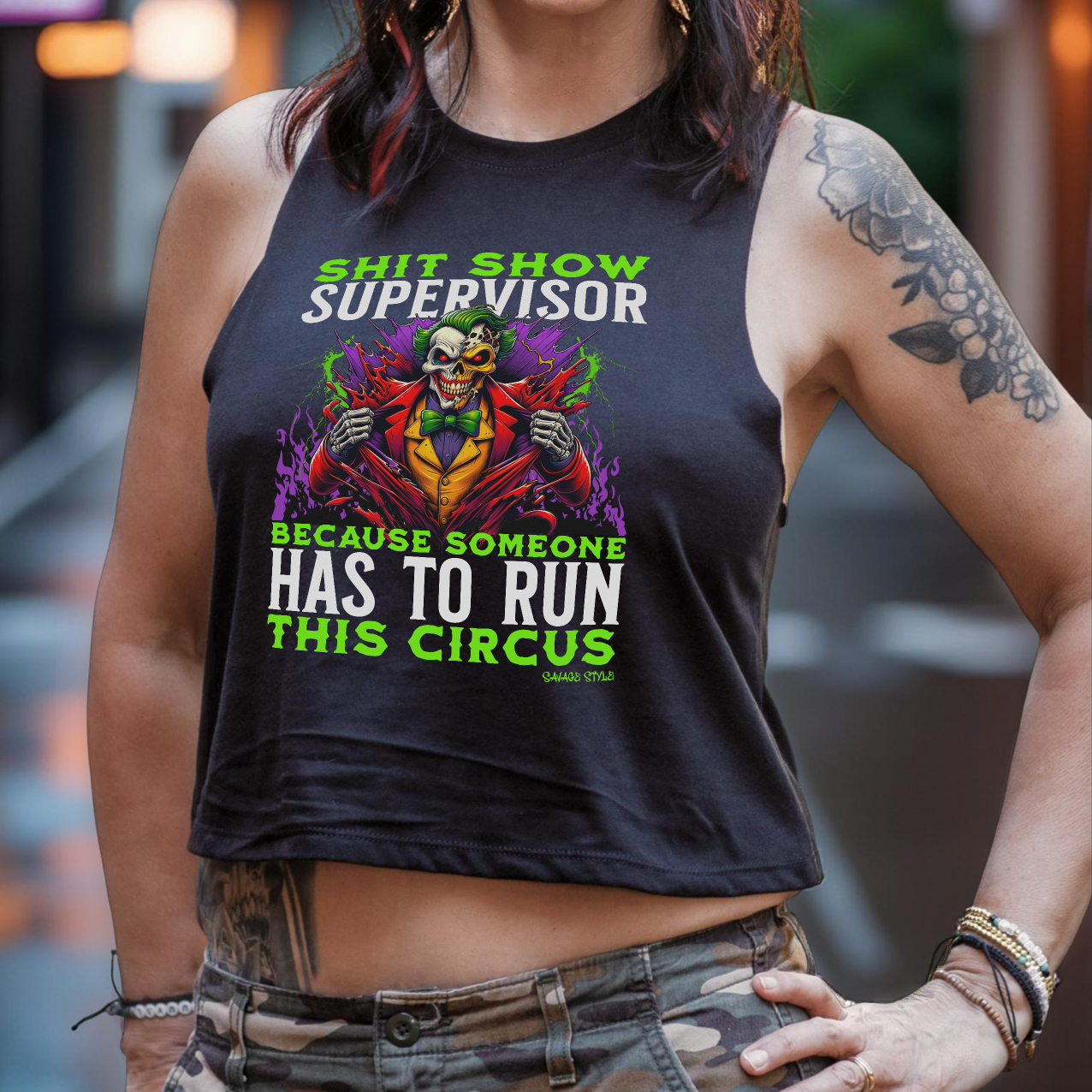 Sh$t Show Supervisor - Savage Style Ladies' Racerback Cropped Tank 4.2 oz.