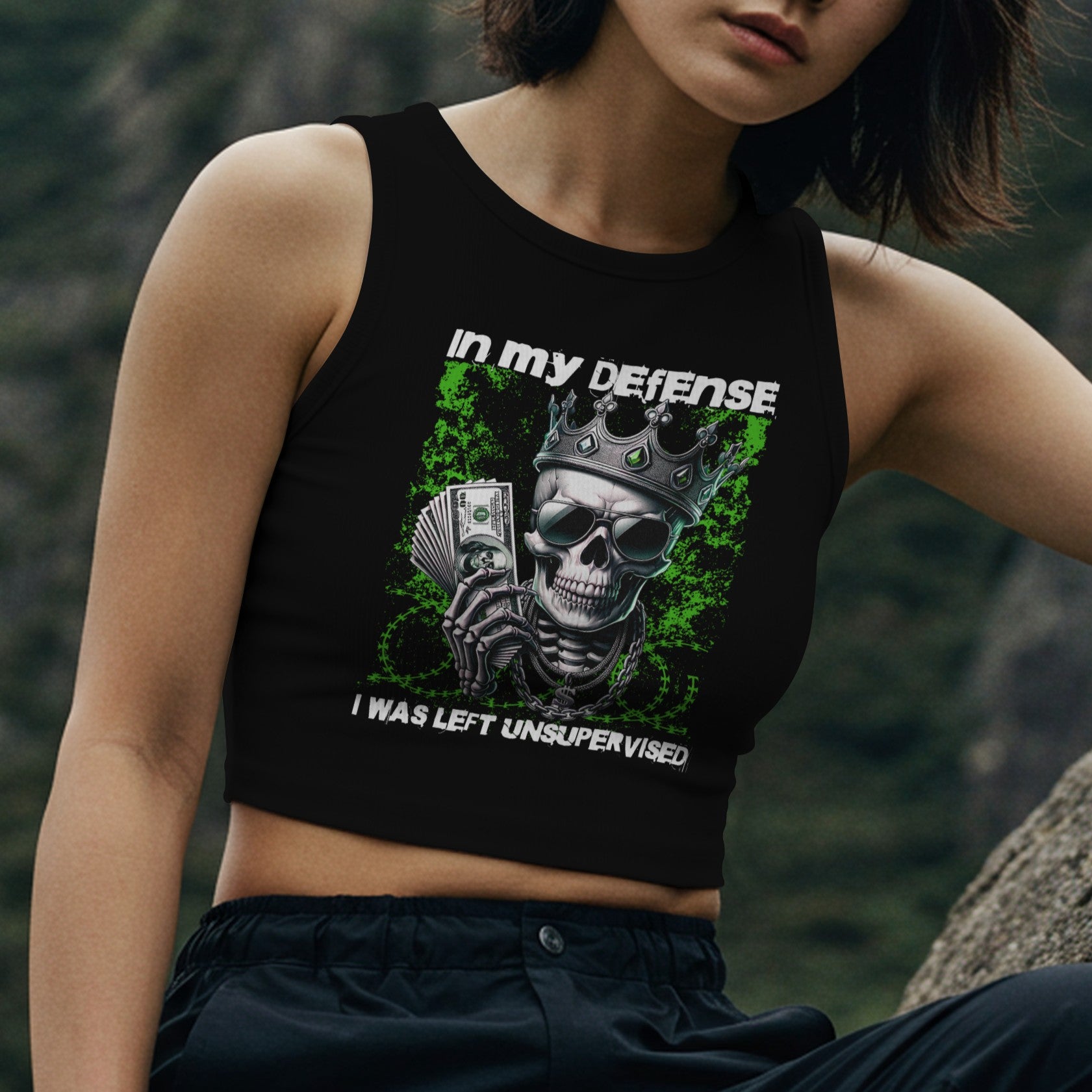 In My Defense - Savage Style Ladies' Racerback Cropped Tank 4.2 oz.